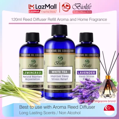 Biolife Reed Diffuser Refill (120ml) - Fresh & Long Lasting Fragrance Non Alcohol content use for Aromatherapy - Lemongrass/ lavender/ Eucalyptus/ Shangri-La/ Hilton and more / Reed sticks/ Reed Bottles (120ml Reed-Diffuser Refill)
