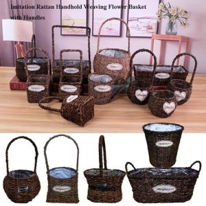 DOHOHO Handwoven Imitation Rattan Handhold 8 Styles with Handle Weaving Flower Basket High Quality Household Braid Storage Baskets Home Decoration /Restaurant Serving Tabletop Display