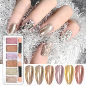 6 Grids/box Nail Art Solid Mirror Powder Glitter Gold Aurora Color Powders Pigmented Glassy Effect DIY Nail Art