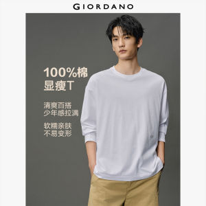 Giordano Men 100% Cotton Loose Knitted Long-Sleeve T-Shirt with Crew Neck & Brand Embroidery Free Shipping 12025608