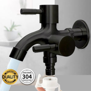 SUS304 Stainless Steel Faucet Black Two Way valve Faucet 1 in 2 out Head Water Bathroom Kitchen Wall Mounted Faucet Mop Sink Washing Machine Universal Faucet