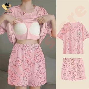 DS ชุดนอนผู้หญิง พร้อมแผ่นรองหน้าอก ชุดนอนผ้าคอตตน แขนสั้นขาสั้น ชุดนอตอน ชุดนอนผู้ใหญ ผ้าบางเบาใส่สบาย ชุดนอนลาน่ารัก cute patterned pajamas