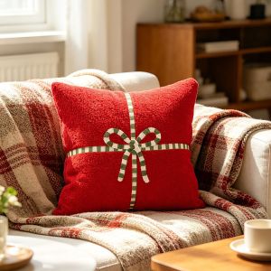 Christmas Red Bow Cushion Cover Premium White Teddy Fleece Embroidered Throw Pillow Case Fluffy Holiday Decor for Sofa Couch