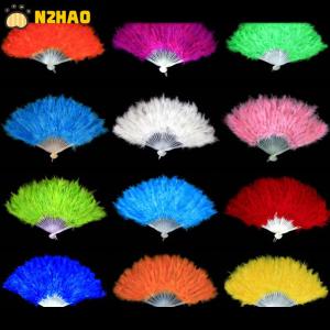 【N2HAO】 9 Colors New Costume Wedding Showgirl Dance Folding Hand Feather Fan Fancy