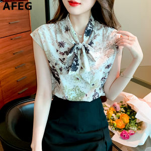 AFEG new Korean version V-neck bow fashion loose all-match printed chiffon short-sleeved blouse for women