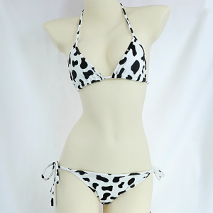 Womens 2 Piece Cute Milk Cow Print Tie Side Bikini Sets Japanese Anime Cosplay Underwear Halter Bras and Side Tie Panty