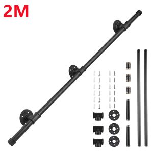 Elegant Black Metal Wall-Mounted Handrail for Stairs Non-Slip Industrial Galvanized Steel Pipe Banister 2M Handrail for Indoor Stair Black Metal Railing Non-Slip Grab Bar Industrial Galvanized Steel Pipe Wall Mount Banister Iron Baluster for Stair