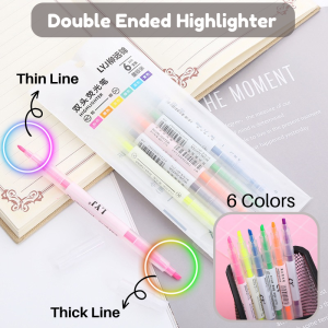 6 Colors Double Ended Dual Tips Highlighter -  Quick Dry Assorted Colors Water Based Ink Flexible Writing Width