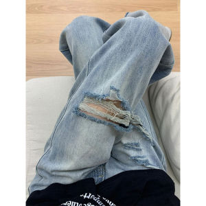 กางเกงยีนส์ขาดๆ ไซส์เล็ก ทรงใหม่ ปี 2025 สำหรับผู้หญิง กางเกงขายาวทรงกว้าง เอวสูง ทรงหลวม ทรงตรง