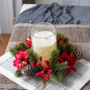 JACIRCLE Christmas Candle Wreath Holder Red Berry Pine Cone Table Centerpiece Holiday Party Home Decor