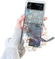 Omio for Galaxy Z Flip 4 Cute Case, Clear Holographic Heart Phone Case with Pearl Chain Bracelet Wrist Strap for Women Girls Aesthetic Glitter Rainbow Slim Shockproof Hard PC Cover. 