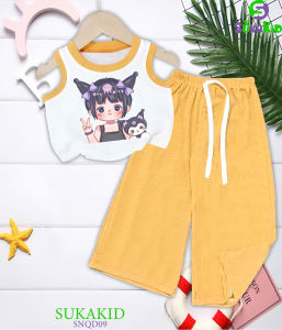 Bộ sát nách quần ống rộng bé gái thun gân hình in bé korama cho bé 6kg -30kg.SNQD09