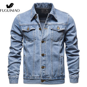 FUGUINIAO New Cotton Denim Jacket Men Casual Solid Color Lapel Single Breasted Jeans Jacket Men Autumn Slim Fit Premium Mens Jacket
