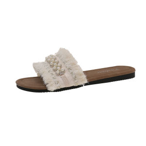 [Free Shipping] Chunky Heel Sandals for Women Summer 2025 New Style Pearl and Rhinestone Fashion Beach Shoes Versatile Slide Sandals