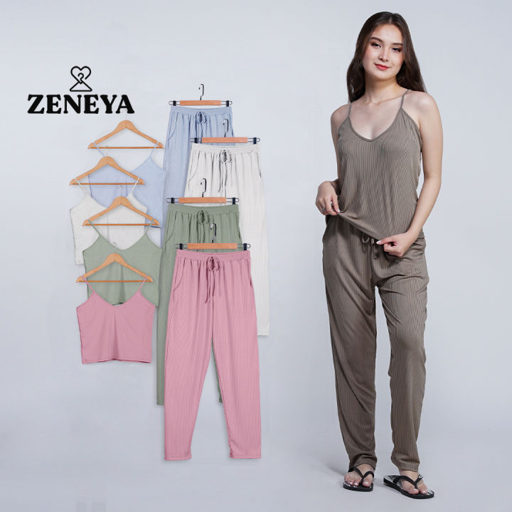 Zeneya Rib Ribbed Spaghetti Strap Sando and Pants Terno For Women