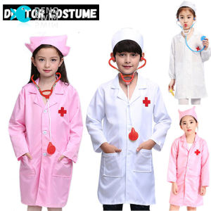 DENOSWIM Doctor Costume for Kids Hallowen Role Play Nurse Uniform Set Baby Girl Boys Cloth Suit+Hat Lab Coat Children Pretend Play Game Clothes