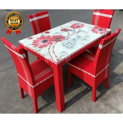Meja Makan Rotan 4 Kursi Kaca Motif