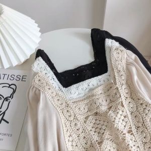 Women Blouse French Knitted Bubble Long Sleeve Jacket Crop Top Baju Wanita 女装针织上衣 Short Top Korean Style Fashion T-028