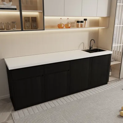 Modern Minimalist Grey Kitchen Cabinet Set with Premium Marble Countertop and Stainless Steel Sink – Customizable 2200mm Under-Cabinet Storage Solution for Contemporary Home Featuring Sleek Handleless Design Soft-Close Drawers Multi-Layer Shelving and