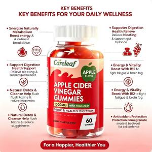 Careleaf Natural Apple Cider Vinegar Gummies Gut Health Energy Support 60 Count