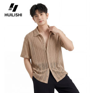 HLS&Huilishi Men Breathable Hollow Stripe Mesh Shirts Loose Cuban Lapel Sheer Lightweight Summer Casual Overshirt