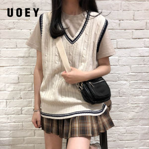 UOEY 3 Colors Korean BM Style Preppy-College Style V-neck Knitted Sleeveless Vest Sweaters Spring Autumn Winter Women Pullovers Womens (X973)