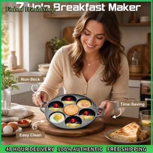 Vodool 7 Hole Kitchen Cooking Ham Pan Iron Non-Stick Breakfast Maker Cookware Stuffed Pancake Pan Omelet Pancake Breakfast Maker for Gas Stove Induction