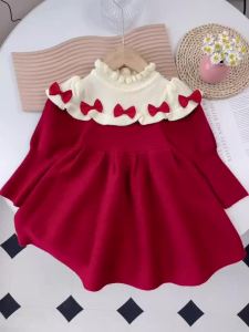 Gấu lãnh đạo trẻ em quần áo 2026 Bộ sưu tập thu đông chất liệu ren cổ Bow spliced Đầm dài tay cho 1-8 Tuổi Cô gái của Áo Thun Đầm len