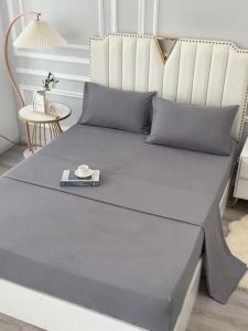 3/4pcs Solid Beding Set Waterproof Fitted sheet & Bed Sheet & Pillowcases Soft Queen KIng Full Twin Size White and Gray