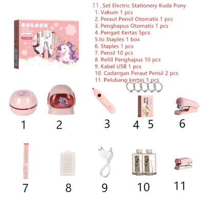 Electric Stationery Set / Set Alat Tulis /Elektrik Rautan Penghapus Vacuum Pensil 11 In 1 /Anak Alat Perkakas Belajar Anak Perempuan Kado