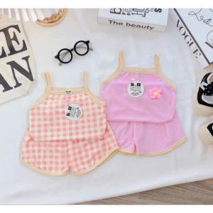COMBO 2 Bộ quần áo 2 dây Thun tăm lạnh họa tiết kẻ sọc gắn hoa đồ bộ mùa hè bé gái size 6-16kg