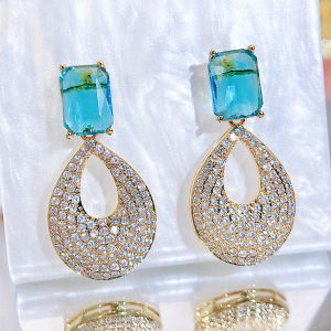 Sequito Phụ Nữ Tuyệt Đẹp Đồ Trang Sức Vàng Pave Thiết Lập Aaaaa xanh trắng Zircon lập phương hình quả nho Thả Dài Dangle bữa tiệc đêm Bông Tai Se917