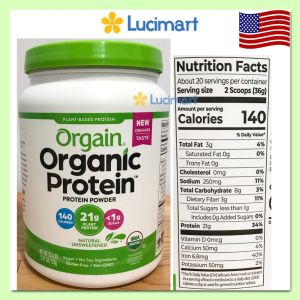 Bột đạm thực vật hữu cơ Orgain Organic Protein Plant Based Protein Powder Natural Unsweetened (720g) Hàng Mỹ