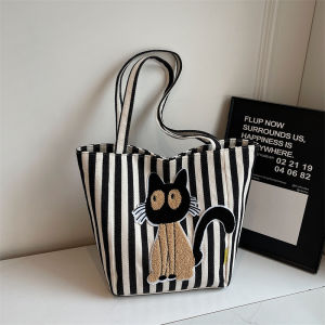 Korean Style Striped Cartoon Towel Embroidered Canvas Bag 2025 New Large Capacity Cute Girl Tote Shoulder Bag Trendy [ Free Shipping ]