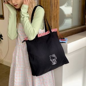 LANGJ น้ำหนักเบามาก กระเป๋าหูรูดรูปคิตตี้ ไนลอนทำจากไนลอน ลำลองแบบสบายๆ กระเป๋าโท้ทสำหรับเดินทาง น่ารักน่ารักๆ จุได้มาก กระเป๋าสะพายไหล่ลายคิตตี้ สำหรับสุภาพสตรี