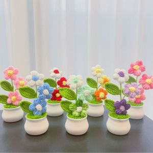 NOBLELYN Mini Crochet Flower Potted DIY Handwoven Crochet Potted Rose Flower Artificial Flowers Pot Office Desktop