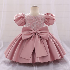 MQATZ Big Bow Baby Girls Dress Solid Elegant Toddler Kids Christening Birthday Vestidos Weddings Party Kids Girls Princess Puff Sleeve L2129XZ