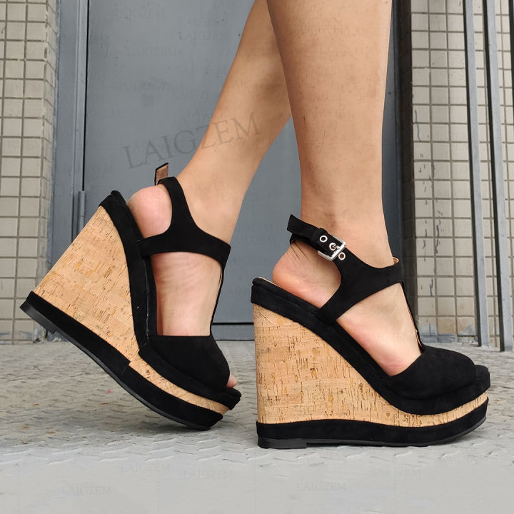 LAIGZEM Women Pumps Platform Wedges Faux Suede Patchwork Ankle Straps Sals Peep Toe Party Unisex Shoes Woman Big Size 42 52
