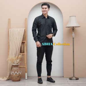 Kemeja Pria Slim Fit ABHA Lengan Panjang Hitam Polo Motif Logo Kerja Kantor