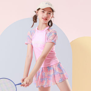 RKH Style 6-12 Years Kids Girls Child Swimsuit Dress Summer Beach Pink Swimwear with Hat Sports Clothes