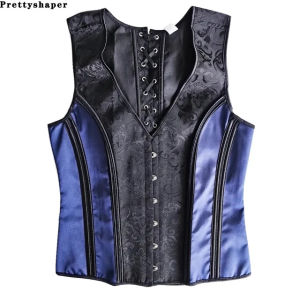 Mens Tight Fitting Corset Lace Up Vintage Waistcoat Bones Shaping Vest Slimming Abdomen Control V Neck Blue Floral Prints