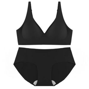 ❤โอเคบรา❤ขนาดพิเศษผู้หญิงสีดำ Tech แถบยางนุ่มสนับสนุนชุดชั้นในวุ้นไม่มีแหวนเหล็กและกางเกงไม่มีรอยต่อชุด