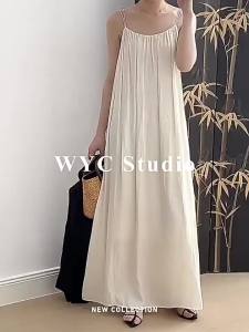 DNDN Korean Style Simple Draping Sling Dress 2024 Spring and Summer New Tall Temperament Slimming Pleated Long Skirt ㏇L0514