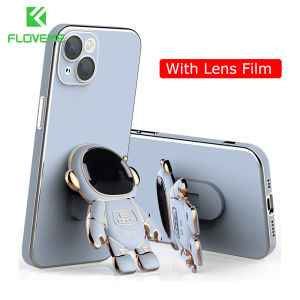 [With Lens Film] FLOVEME Cartoon Astronaut Plating Phone Case For iPhone 14 13 12 11 Pro Max 13 12 Mini XS Max X XR 7 8 Plus SE 2020 Cute Bumper Stand Holder Back Cover