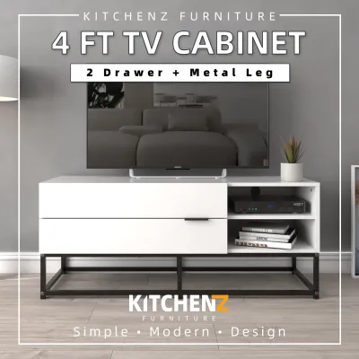 KitchenZ Neva Series 4FT Tv Cabinet Modernist Design Tv Rack / Tv Console / White - HMZ-FN-TC-N1200-WT