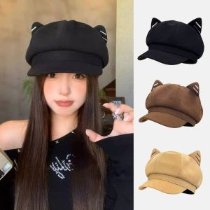 GORGE Cat Ears Shape Cat Ears Berets Cute Design Woolen Fabric Newsboy Hat Show Face Japanese Style Y2K Hat Casual Occasions