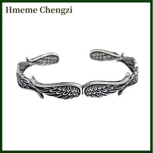 Hmeme Retro Angel Wing Bracelet Ring Personalized Fashion Open Adjustable Cuff Wristband Punk Hip Hop Jewelry Gift