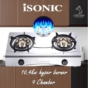 ISONIC Gas Stove IGB-8080SS Double Burner Cooker 9 Chamber Hyper Burner 10.4Kw Stainless Steel Body Dapur Gas Masak