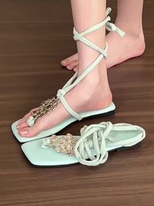 [Free Shipping] Summer Square-Toe Sandals For Women Featuring A Low Heel Flat Sole And Roman-Style Design With Crisscross Straps