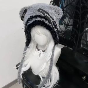 Q-1151 STORE Fluffy Gothic Harajuku Hat Plush Knitted Beanie Hat Cute Little Bone Cross Star Punk Lolita Hat